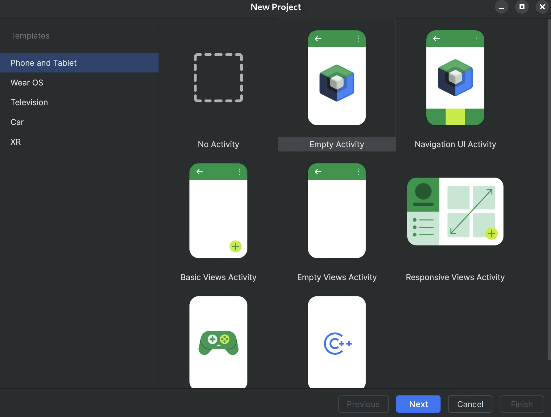 Boîte de dialogue "Nouveau projet" d'Android Studio, affichant la liste intégrée des activités que Studio créera pour vous.